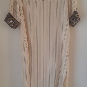 Women's Cream Stripe Midi Dress with Embroidered Cuffs